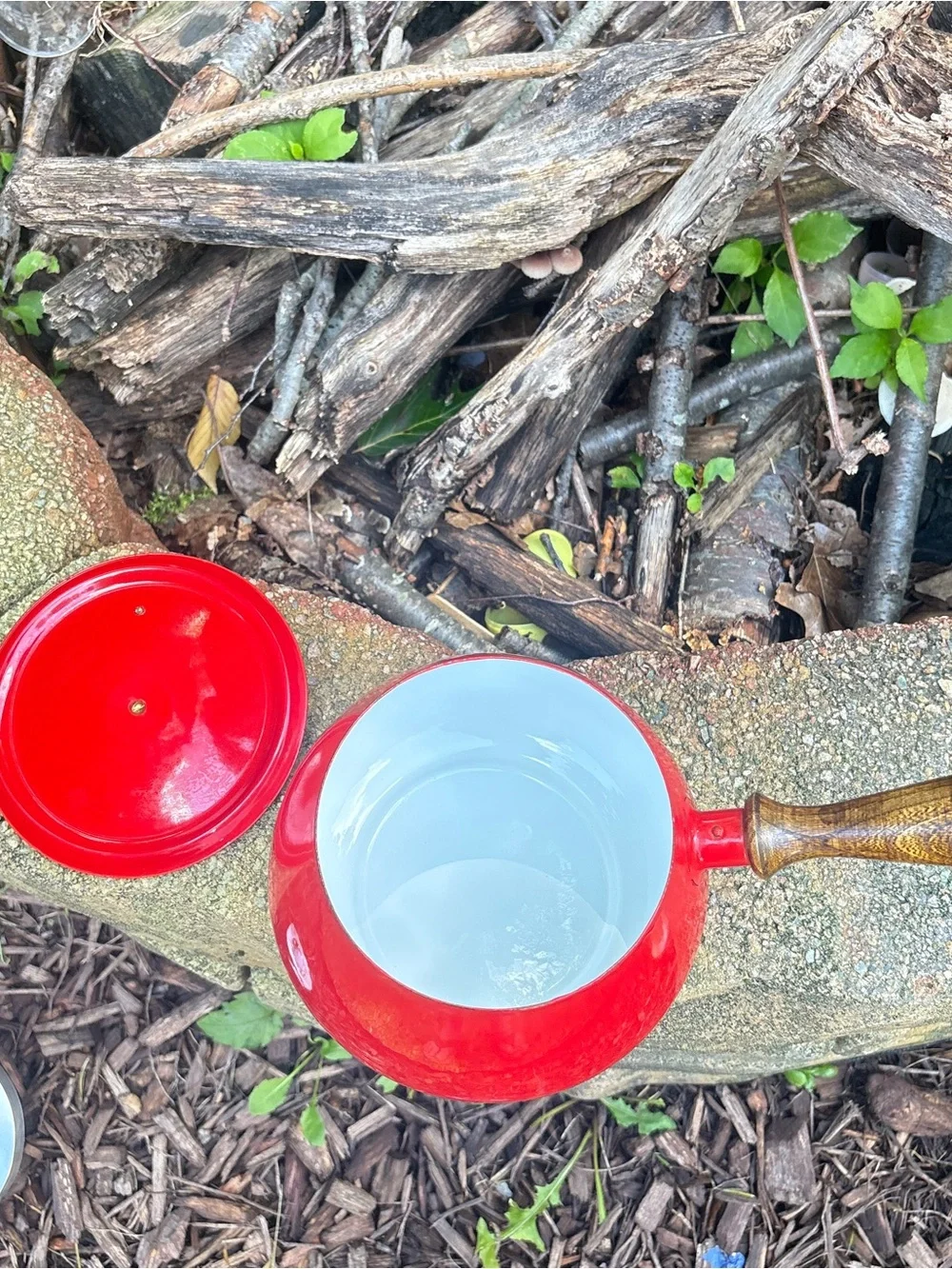 Vintage Japan Red Enamel Fondue Pot Serv Wood Hardwood Base MCM